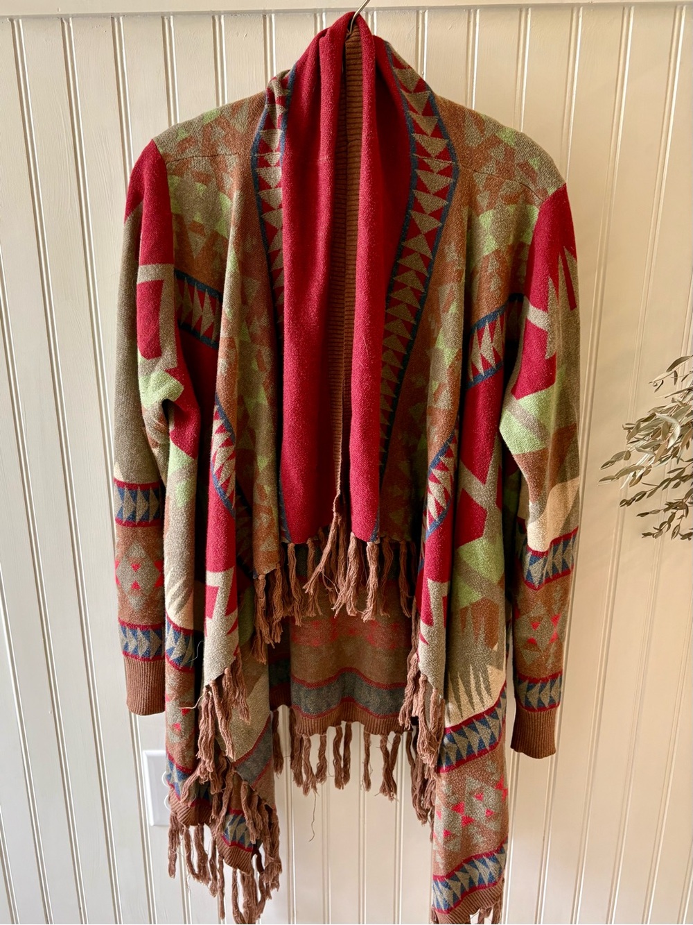 Tasha Polizzi Red & Olive Aztec Fringe Open-Front Cardigan